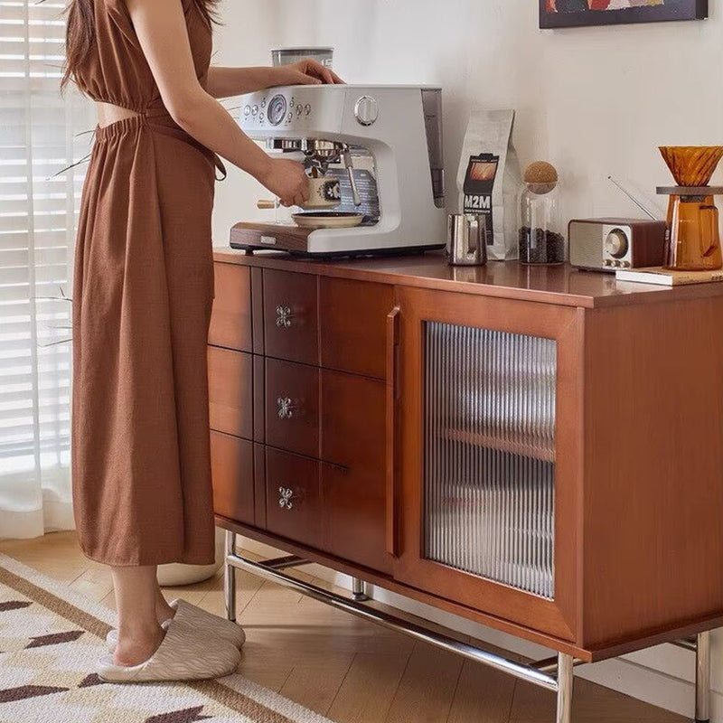 Contemporary Retro Rectangular Pine Wood Boxwood Plywood Stainless Steel Glass Storage Sideboard Cabinet 3-Drawer For Living Room