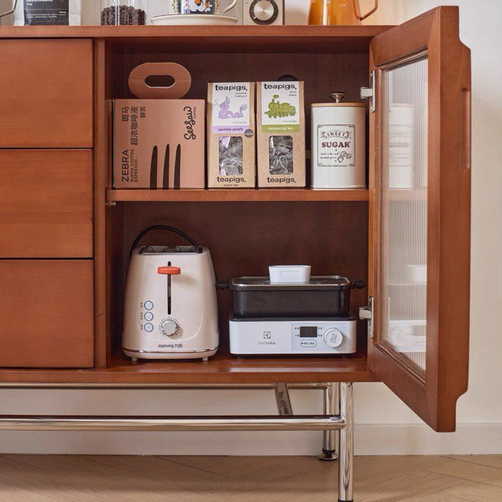 Contemporary Retro Rectangular Pine Wood Boxwood Plywood Stainless Steel Glass Storage Sideboard Cabinet 3-Drawer For Living Room