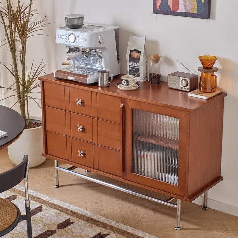 Contemporary Retro Rectangular Pine Wood Boxwood Plywood Stainless Steel Glass Storage Sideboard Cabinet 3-Drawer For Living Room