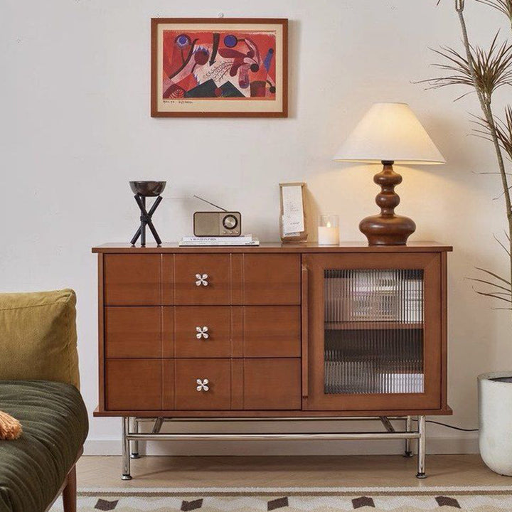 Contemporary Retro Rectangular Pine Wood Boxwood Plywood Stainless Steel Glass Storage Sideboard Cabinet 3-Drawer For Living Room