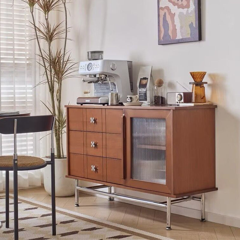 Contemporary Retro Rectangular Pine Wood Boxwood Plywood Stainless Steel Glass Storage Sideboard Cabinet 3-Drawer For Living Room