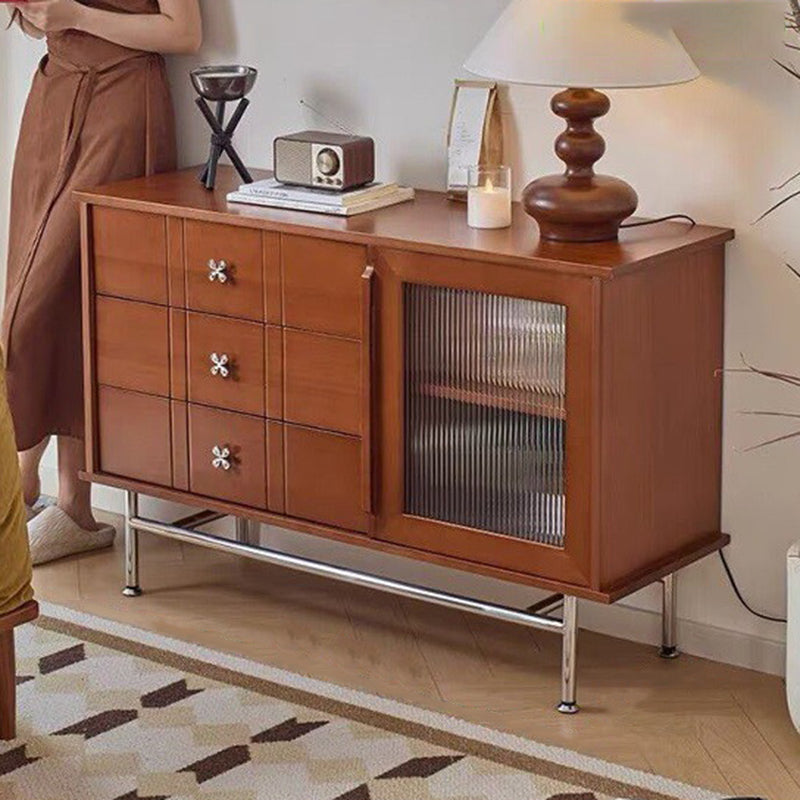 Contemporary Retro Rectangular Pine Wood Boxwood Plywood Stainless Steel Glass Storage Sideboard Cabinet 3-Drawer For Living Room
