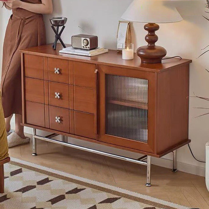 Contemporary Retro Rectangular Pine Wood Boxwood Plywood Stainless Steel Glass Storage Sideboard Cabinet 3-Drawer For Living Room