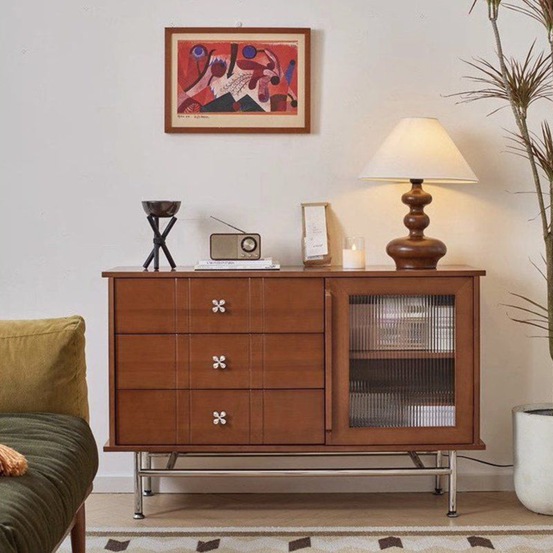Contemporary Retro Rectangular Pine Wood Boxwood Plywood Stainless Steel Glass Storage Sideboard Cabinet 3-Drawer For Living Room