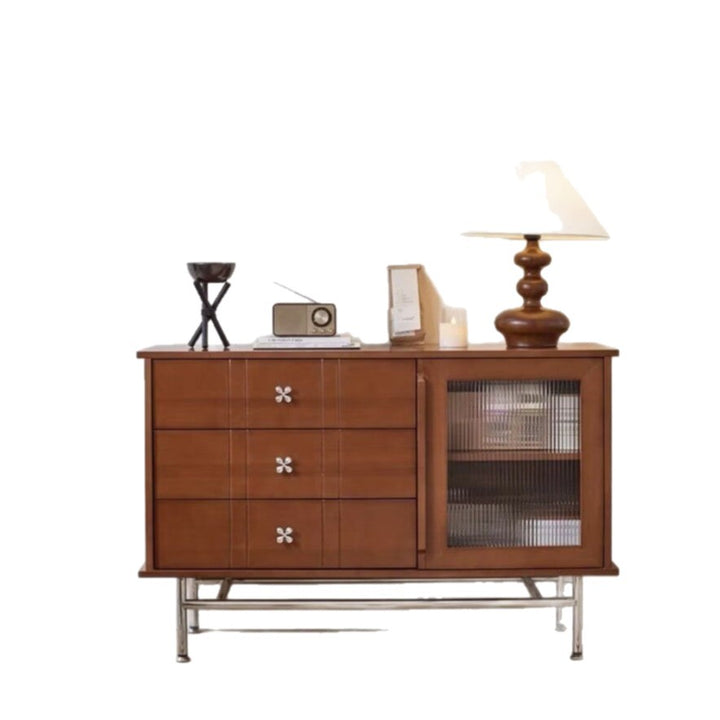 Contemporary Retro Rectangular Pine Wood Boxwood Plywood Stainless Steel Glass Storage Sideboard Cabinet 3-Drawer For Living Room
