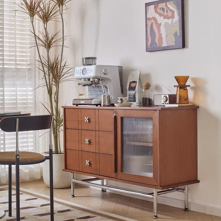 Contemporary Retro Rectangular Pine Wood Boxwood Plywood Stainless Steel Glass Storage Sideboard Cabinet 3-Drawer For Living Room
