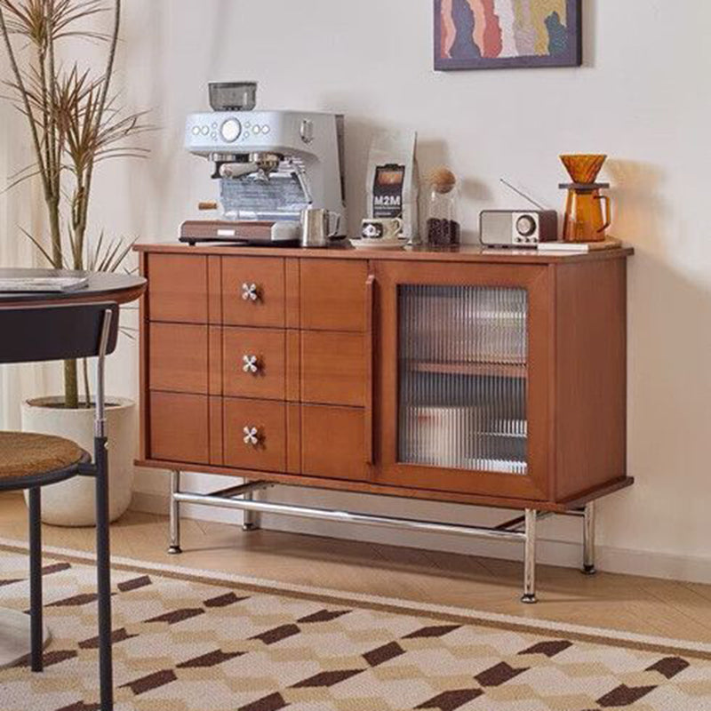 Contemporary Retro Rectangular Pine Wood Boxwood Plywood Stainless Steel Glass Storage Sideboard Cabinet 3-Drawer For Living Room