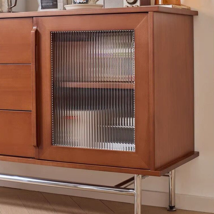 Contemporary Retro Rectangular Pine Wood Boxwood Plywood Stainless Steel Glass Storage Sideboard Cabinet 3-Drawer For Living Room