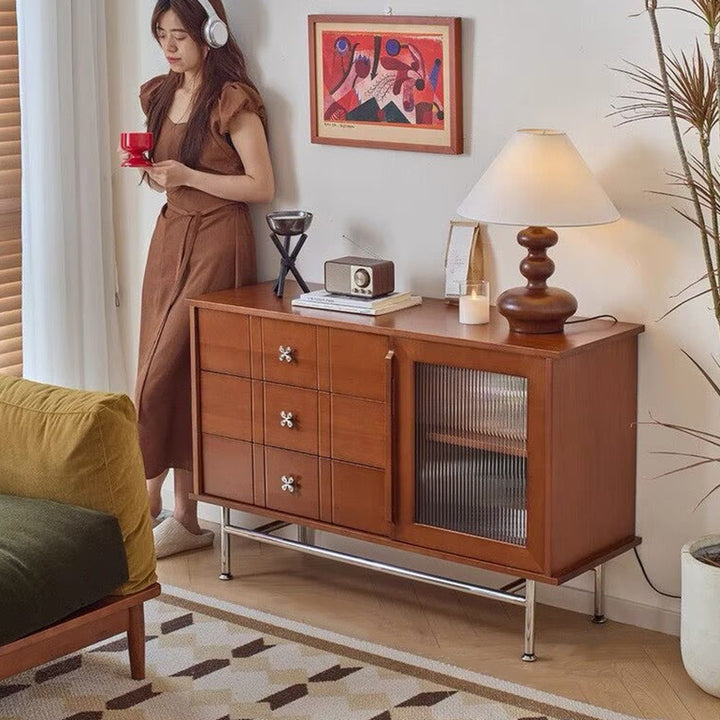 Contemporary Retro Rectangular Pine Wood Boxwood Plywood Stainless Steel Glass Storage Sideboard Cabinet 3-Drawer For Living Room