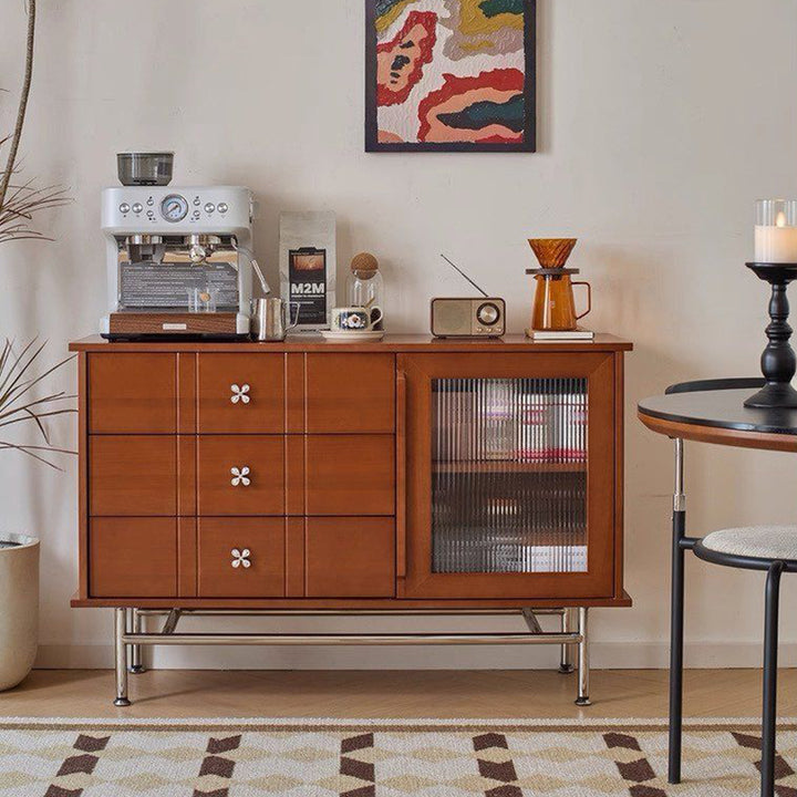 Contemporary Retro Rectangular Pine Wood Boxwood Plywood Stainless Steel Glass Storage Sideboard Cabinet 3-Drawer For Living Room