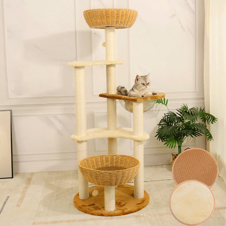 Arbre à chat contemporain bohème à 6 niveaux en panneau de particules, tissu peluche, corde de chanvre, tube en papier, acrylique, tressage en rotin, pour salon 