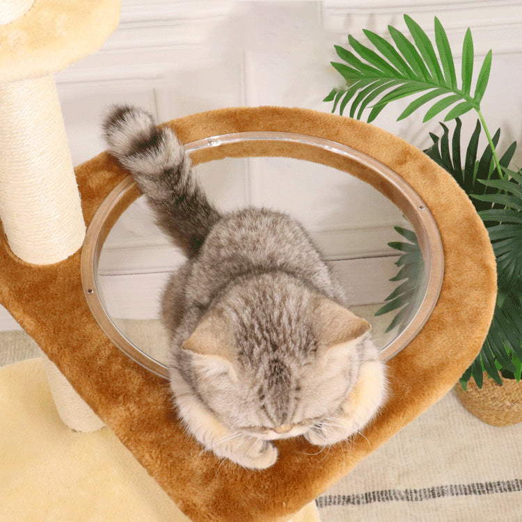 Arbre à chat contemporain bohème à 6 niveaux en panneau de particules, tissu peluche, corde de chanvre, tube en papier, acrylique, tressage en rotin, pour salon 