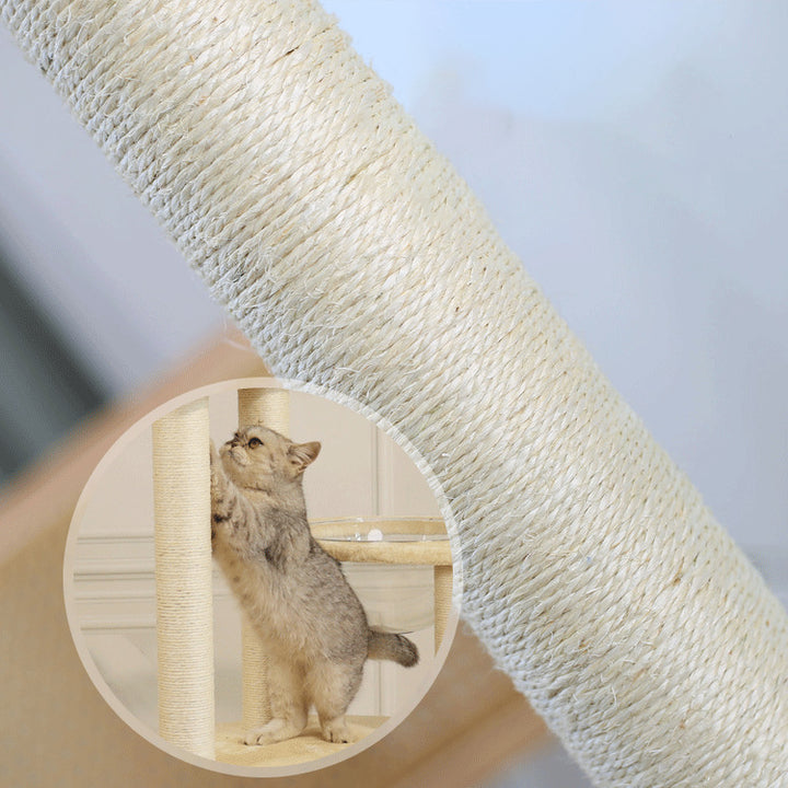Arbre à chat contemporain bohème à 6 niveaux en panneau de particules, tissu peluche, corde de chanvre, tube en papier, acrylique, tressage en rotin, pour salon 