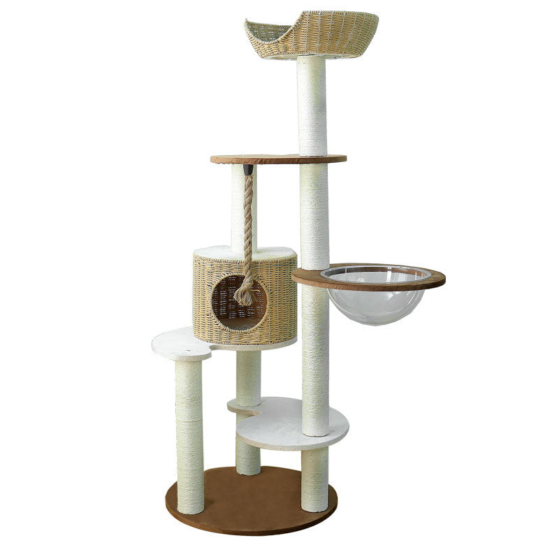 Arbre à chat contemporain bohème à 6 niveaux en panneau de particules, tissu peluche, corde de chanvre, tube en papier, acrylique, tressage en rotin, pour salon 