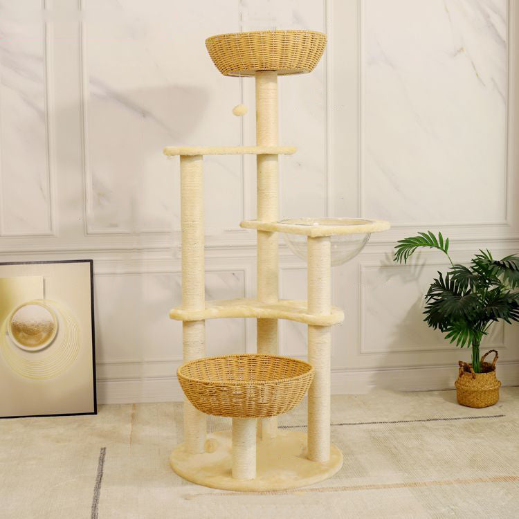 Arbre à chat contemporain bohème à 6 niveaux en panneau de particules, tissu peluche, corde de chanvre, tube en papier, acrylique, tressage en rotin, pour salon 