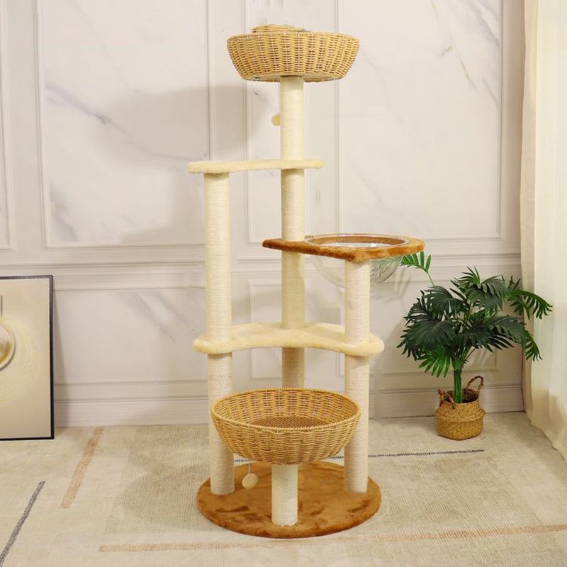 Arbre à chat contemporain bohème à 6 niveaux en panneau de particules, tissu peluche, corde de chanvre, tube en papier, acrylique, tressage en rotin, pour salon 