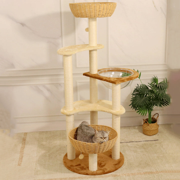 Arbre à chat contemporain bohème à 6 niveaux en panneau de particules, tissu peluche, corde de chanvre, tube en papier, acrylique, tressage en rotin, pour salon 