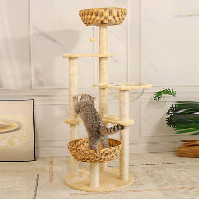 Arbre à chat contemporain bohème à 6 niveaux en panneau de particules, tissu peluche, corde de chanvre, tube en papier, acrylique, tressage en rotin, pour salon 