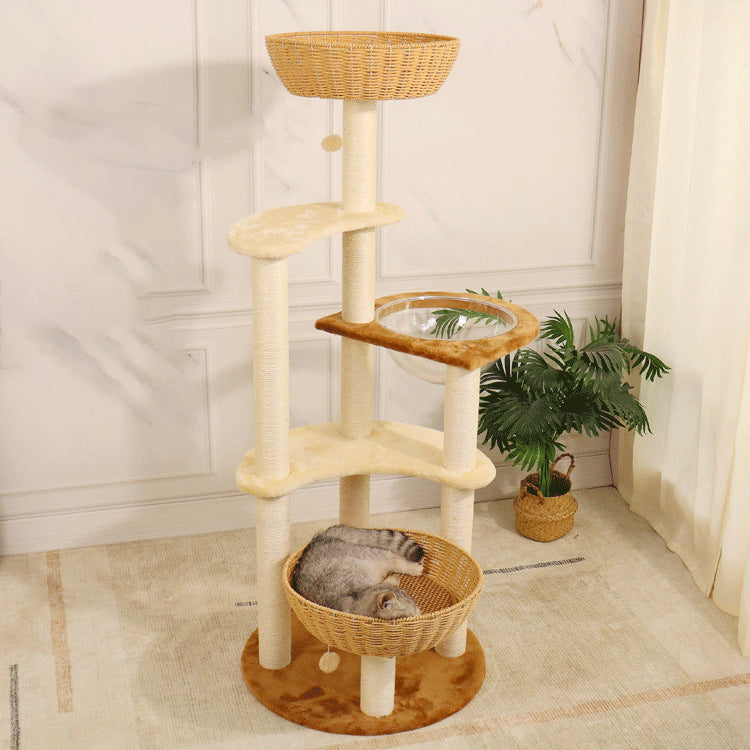 Arbre à chat contemporain bohème à 6 niveaux en panneau de particules, tissu peluche, corde de chanvre, tube en papier, acrylique, tressage en rotin, pour salon 