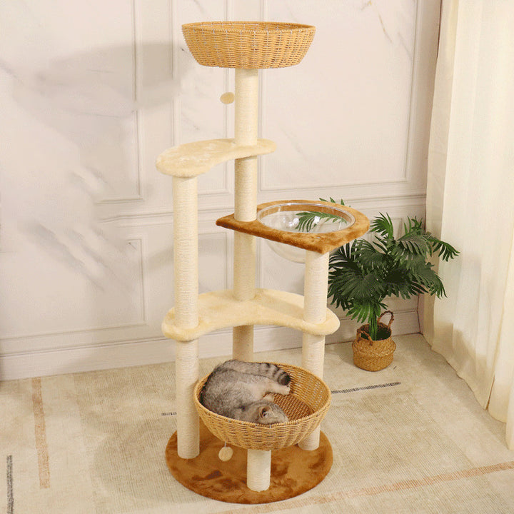 Arbre à chat contemporain bohème à 6 niveaux en panneau de particules, tissu peluche, corde de chanvre, tube en papier, acrylique, tressage en rotin, pour salon 
