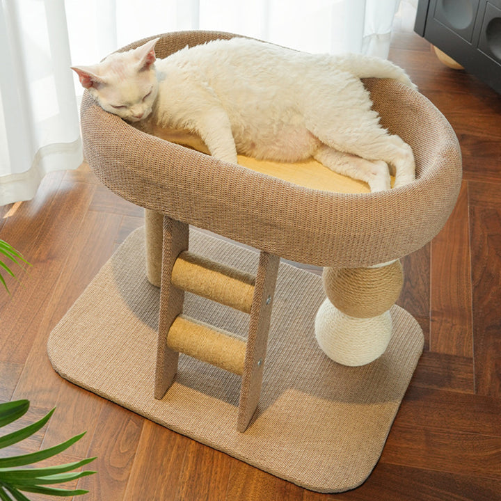 Torre para gatos contemporánea boho elipse MDF cuerda de cáñamo tela de cáñamo resistente al desgaste de 2 niveles para sala de estar 