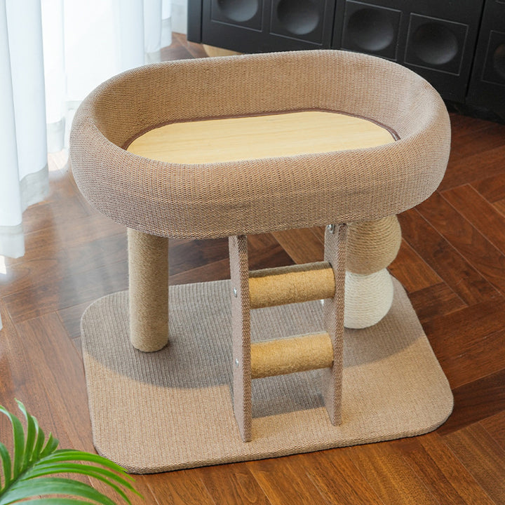 Torre para gatos contemporánea boho elipse MDF cuerda de cáñamo tela de cáñamo resistente al desgaste de 2 niveles para sala de estar 