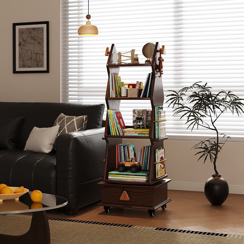 Traditionelles rustikales Weihnachtsbaum-Bücherregal aus massivem Gummibaumholz und Metall, freistehend und beweglich, mit 4 Regalen für das Arbeitszimmer 