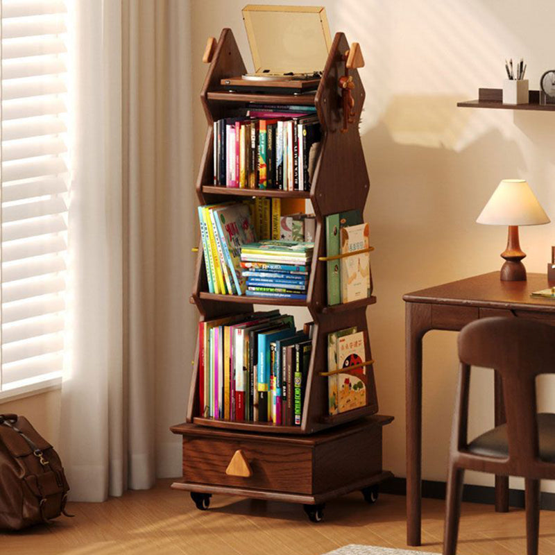 Traditionelles rustikales Weihnachtsbaum-Bücherregal aus massivem Gummibaumholz und Metall, freistehend und beweglich, mit 4 Regalen für das Arbeitszimmer 