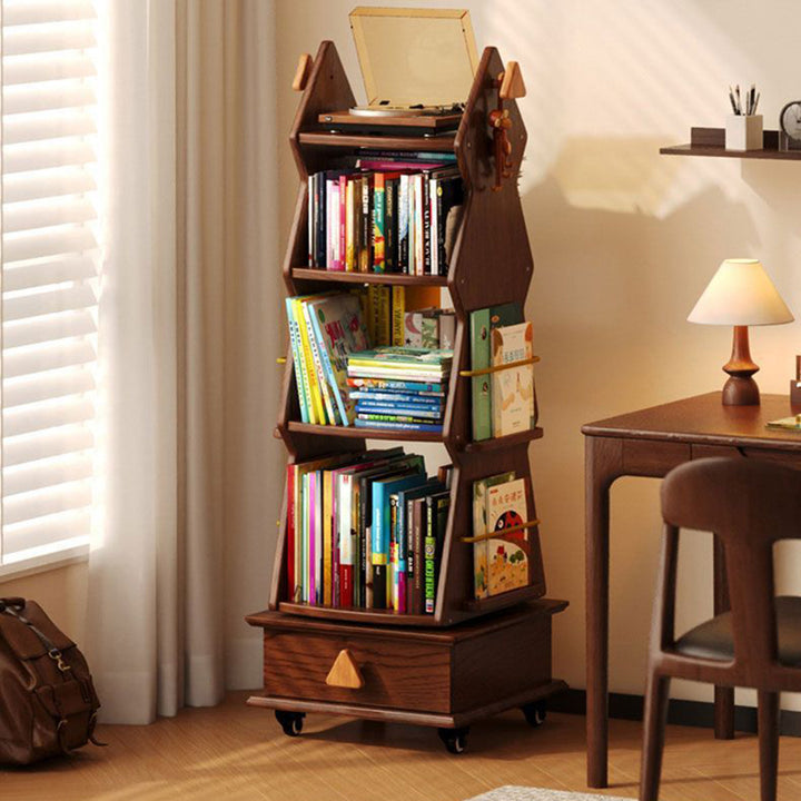 Traditional Rustic Christmas Tree Solid Wood Rubberwood Metal Movable Floor-Standing Bookshelf 4-Shelf For Study