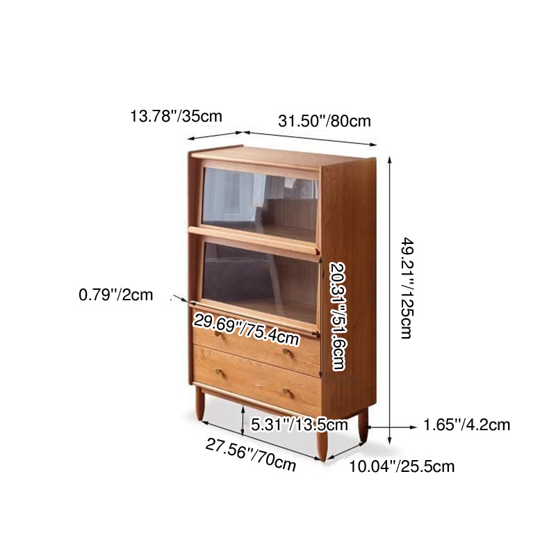 Buffet de rangement en pin massif japonais traditionnel rectangulaire en bois massif, panneau multicouche, verre, 2 tiroirs pour salon et salle à manger 