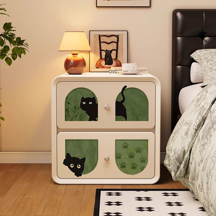 Animaux de dessin animé Art déco moderne en MDF et bois massif, panneau multicouche, griffoir en cuir pour chat, table de chevet à 2 tiroirs pour chambre à coucher 