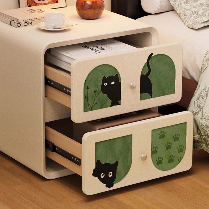 Animaux de dessin animé Art déco moderne en MDF et bois massif, panneau multicouche, griffoir en cuir pour chat, table de chevet à 2 tiroirs pour chambre à coucher 