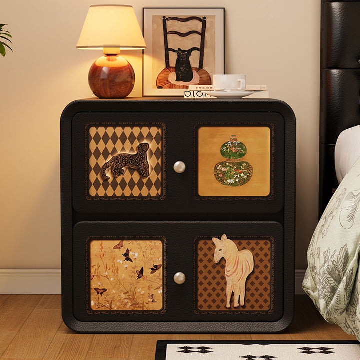 Moderne Art Deco Cartoon Tiere MDF Massivholz Mehrschichtplatte Katzenkratzleder Nachttisch 2-Schubladen für Schlafzimmer 