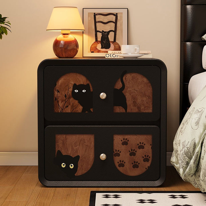 Moderne Art Deco Cartoon Tiere MDF Massivholz Mehrschichtplatte Katzenkratzleder Nachttisch 2-Schubladen für Schlafzimmer 