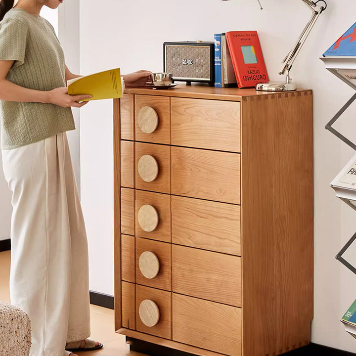 Contemporary Retro Rectangular Solid Cherry Wood Solid Wood Multi-Layer Board Pine Wood Storage Cabinet 5-Drawer For Living Room