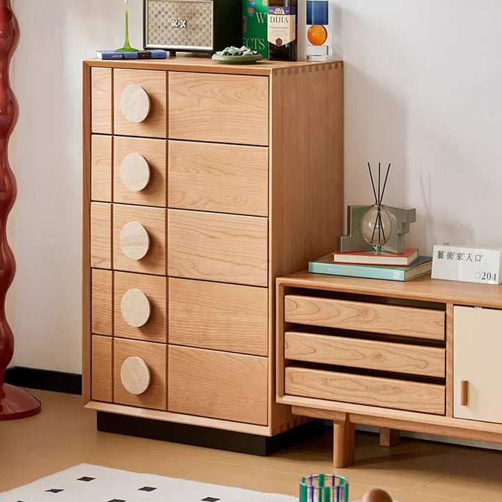 Contemporary Retro Rectangular Solid Cherry Wood Solid Wood Multi-Layer Board Pine Wood Storage Cabinet 5-Drawer For Living Room