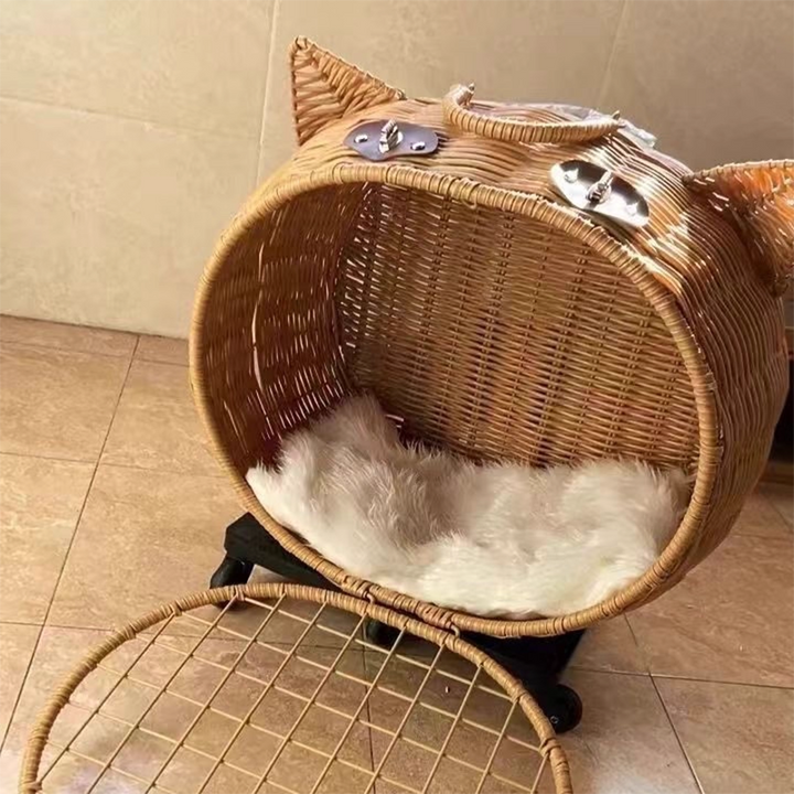 Contemporary Creative Cartoon Cat Iron PE Rattan Weaving Portable &amp; Movable Hollowed-Out Cat Bed 1- Basket For Garden