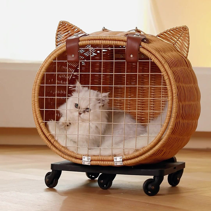 Contemporary Creative Cartoon Cat Iron PE Rattan Weaving Portable & Movable Hollowed-Out Cat Bed 1- Basket For Garden