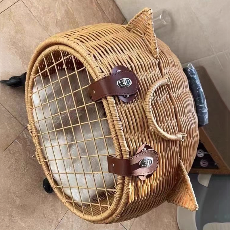 Contemporary Creative Cartoon Cat Iron PE Rattan Weaving Portable &amp; Movable Hollowed-Out Cat Bed 1- Basket For Garden