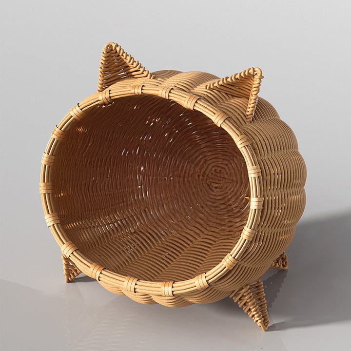 Contemporary Boho Cartoon Cat Head Iron Drop-Molded &amp; Faux Linen Fabric PE Rattan Weaving Cat Bed 1- Tier For Living Room