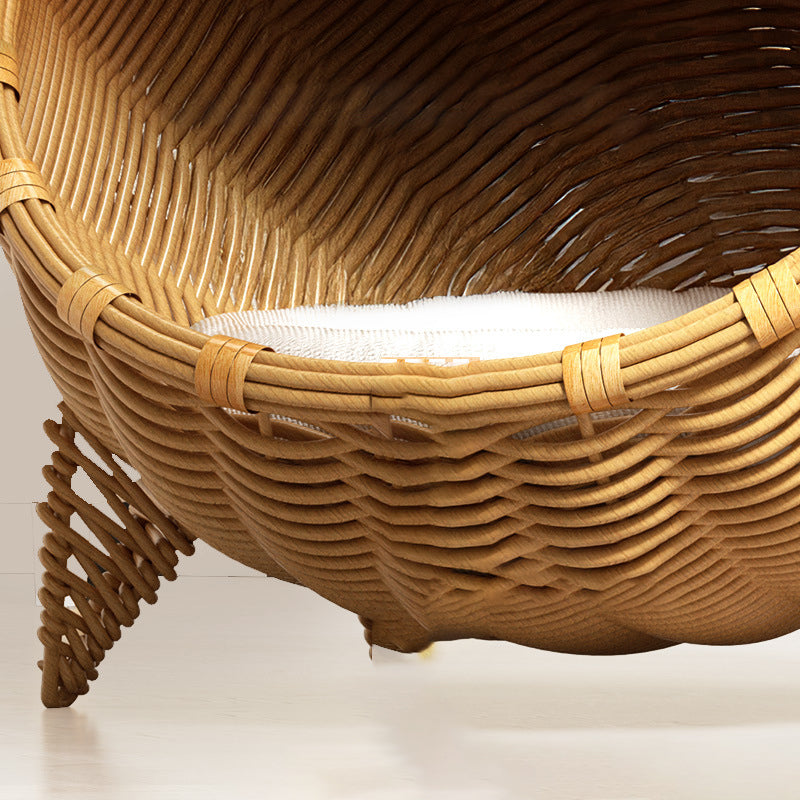 Contemporary Boho Cartoon Cat Head Iron Drop-Molded &amp; Faux Linen Fabric PE Rattan Weaving Cat Bed 1- Tier For Living Room
