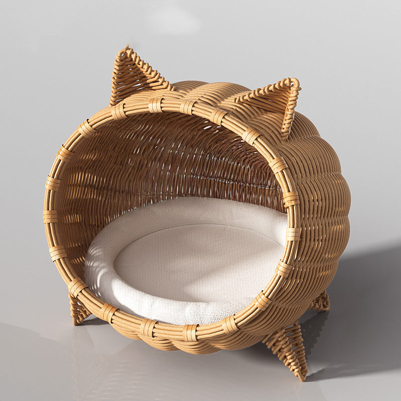 Contemporary Boho Cartoon Cat Head Iron Drop-Molded &amp; Faux Linen Fabric PE Rattan Weaving Cat Bed 1- Tier For Living Room