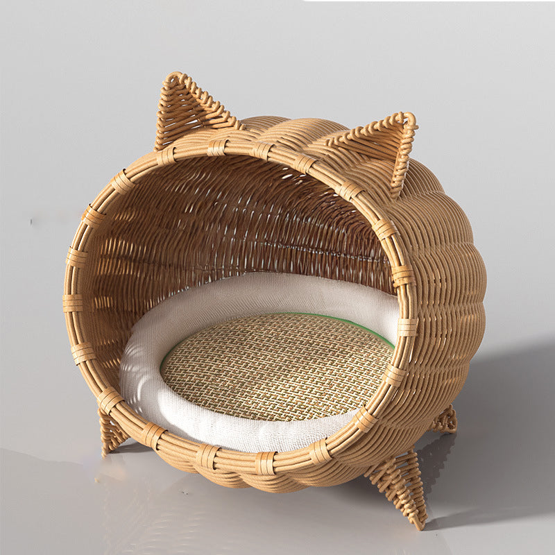 Contemporary Boho Cartoon Cat Head Iron Drop-Molded &amp; Faux Linen Fabric PE Rattan Weaving Cat Bed 1- Tier For Living Room