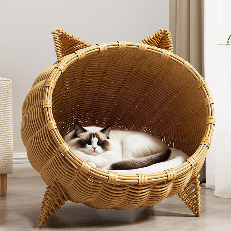 Contemporary Boho Cartoon Cat Head Iron Drop-Molded &amp; Faux Linen Fabric PE Rattan Weaving Cat Bed 1- Tier For Living Room