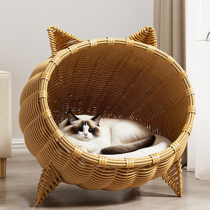 Contemporary Boho Cartoon Cat Head Iron Drop-Molded &amp; Faux Linen Fabric PE Rattan Weaving Cat Bed 1- Tier For Living Room