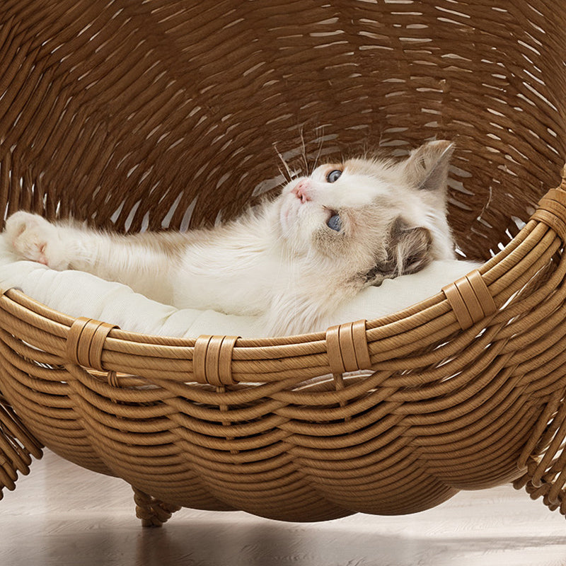 Contemporary Boho Cartoon Cat Head Iron Drop-Molded &amp; Faux Linen Fabric PE Rattan Weaving Cat Bed 1- Tier For Living Room