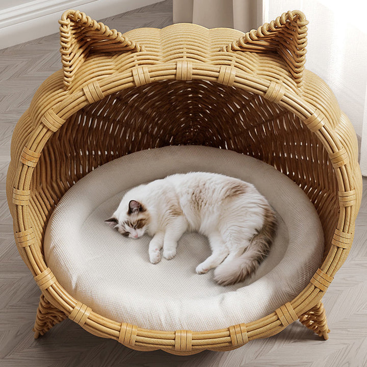 Contemporary Boho Cartoon Cat Head Iron Drop-Molded &amp; Faux Linen Fabric PE Rattan Weaving Cat Bed 1- Tier For Living Room