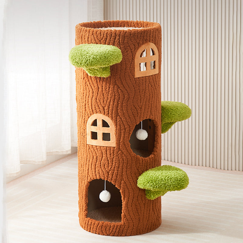 Traditioneller rustikaler Baum Kiefernholz MDF Sisal Kristall Flanellboden-Stehender Katzenturm 1/2/3-Loch für Wohnzimmer 