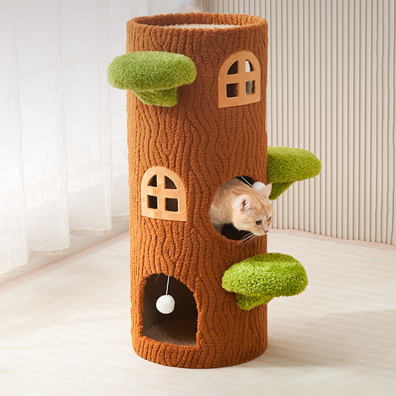 Traditioneller rustikaler Baum Kiefernholz MDF Sisal Kristall Flanellboden-Stehender Katzenturm 1/2/3-Loch für Wohnzimmer 