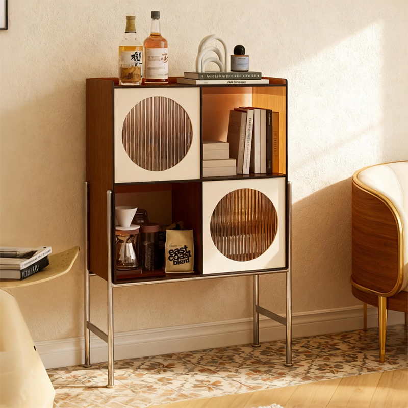 Présentoir rectangulaire contemporain rétro en acrylique et acier inoxydable à 4 armoires pour salon 